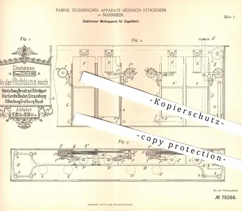 original Patent - Fabrik Techn. Apparate Heinrich Stockheim , Mannheim , 1893 , Elektrischer Meldeapparat | Eisenbahn !!