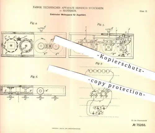 original Patent - Fabrik Techn. Apparate Heinrich Stockheim , Mannheim , 1893 , Elektrischer Meldeapparat | Eisenbahn !!