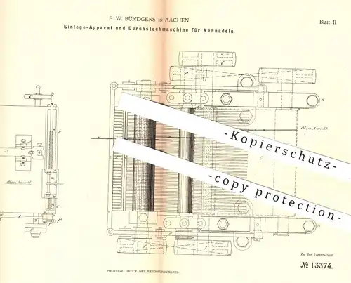 original Patent - F. W. Bündgens , Aachen , 1880 , Durchstechen der Nähnadeln | Nadel , Nähen , Nähmaschine , Nadeln !!