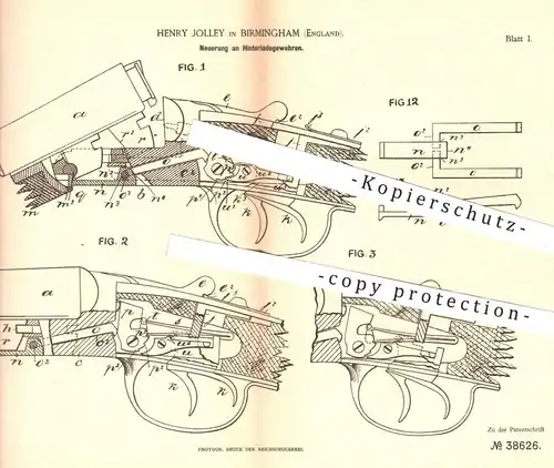 original Patent - Henry Jolley , Birmingham England , 1886 , Hinterladegewehr | Gewehr , Waffe , Revolver | Jagd , Jäger