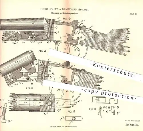 original Patent - Henry Jolley , Birmingham England , 1886 , Hinterladegewehr | Gewehr , Waffe , Revolver | Jagd , Jäger