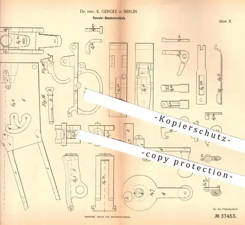 original Patent - Dr. Phil. K. Gercke , Berlin ,1886 , Gewehr - Blockverschluss | Gewehre , Waffe , Revolver , Pistole !