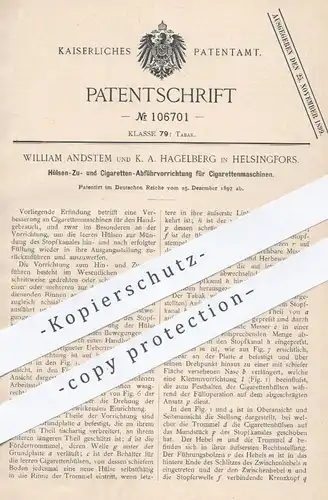 original Patent - William Andstem u. K. A. Hagelberg , Helsingfors , 1897 , Zuführen der Hülsen an Zigaretten - Maschine