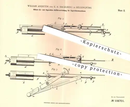 original Patent - William Andstem u. K. A. Hagelberg , Helsingfors , 1897 , Zuführen der Hülsen an Zigaretten - Maschine