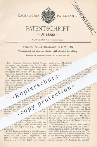 original Patent - William Willeringhaus , London 1893 , Tastenapparat mit Strom - Zuführung auf den Spieler | Gesundheit