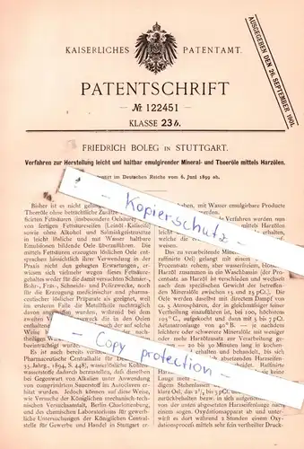 original Patent -  F. Boleg in Stuttgart , 1899 , Herstellung leicht und haltbar emulgirender Mineral- und Theeröle !!!