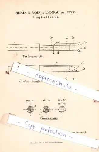 original Patent - Fiedler & Faber in Lindenau bei Leipzig , 1886 , Langlochbohrer !!!