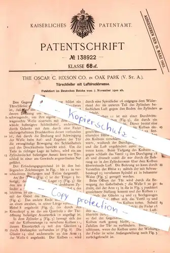 original Patent - The Oscar C. Rixson Co. in Oak Park , USA , 1900 , Türschließer mit Luftdruckbremse !!!