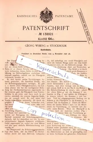 original Patent - Georg Wiberg in Stockholm , 1898 , Kontrollhahn !!!