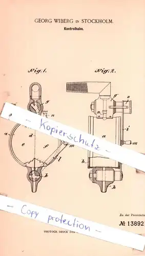 original Patent - Georg Wiberg in Stockholm , 1898 , Kontrollhahn !!!