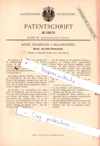 original Patent - Alfred Teichmüller in Braunschweig , 1884 , Messer- und Gabel-Putzmaschine !!!