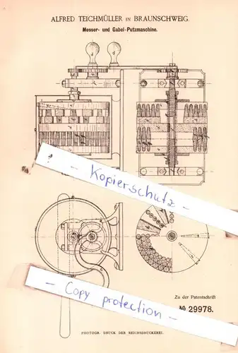 original Patent - Alfred Teichmüller in Braunschweig , 1884 , Messer- und Gabel-Putzmaschine !!!