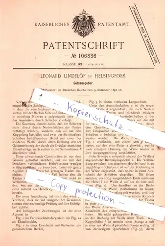 original Patent - Leonard Lindelöf in Helsingfors , 1897 , Geldausgeber !!!