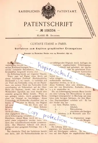 original Patent - Gustave Itasse in Paris , 1897 , Verfahren zum Kopiren graphischer Erzeugnisse !!!