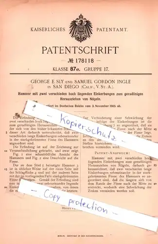 original Patent - George E. Sly und Samuel Gordon Ingle in San Diego , Calif., V. St. A. , 1905 , Hammer !!!