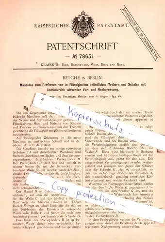 original Patent - Betche in Berlin , 1893 , Bier, Branntwein, Wein, Essig und Hefe !!!