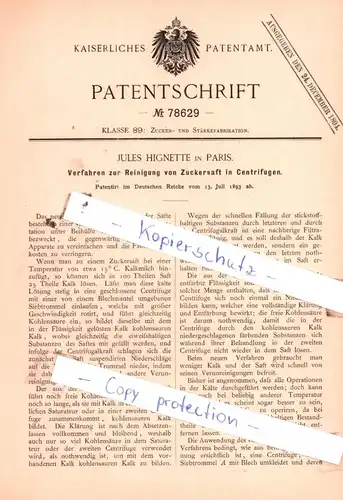 original Patent - Jules Hignette in Paris , 1893 , Verfahren zur Reinigung von Zuckersaft in Centrifugen !!!