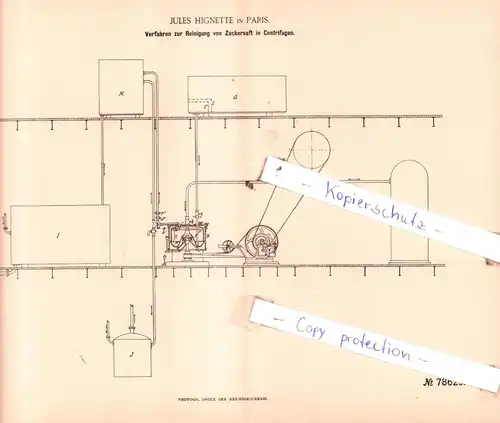 original Patent - Jules Hignette in Paris , 1893 , Verfahren zur Reinigung von Zuckersaft in Centrifugen !!!