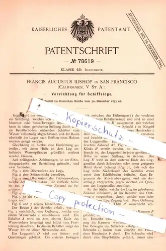 original Patent - Francis Augustus Bishop in San Francisco , 1893 , Vorrichtung für Schiffsloge !!!