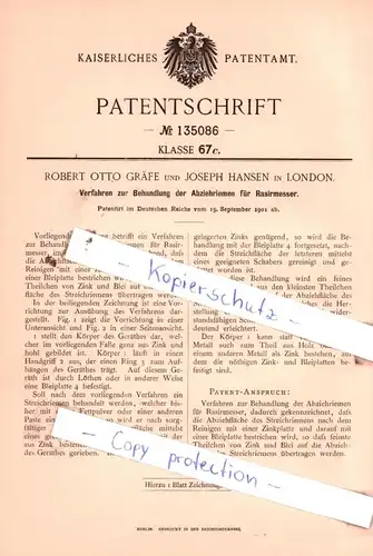 original Patent - R. O. Gräfe und J. Hansen in London , 1901 , Behandlung der Abziehriemen für Rasirmesser !!!