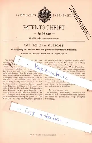 original Patent - Paul Lechler in Stuttgart , 1896 , Maschinenelemente !!!
