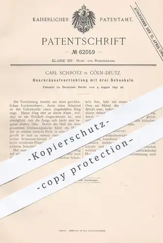 original Patent - Carl Schrotz , Köln / Deutz , 1891 , Haarkräusel - Stab | Lockenstab , Fön , Haare , Locken , Friseur