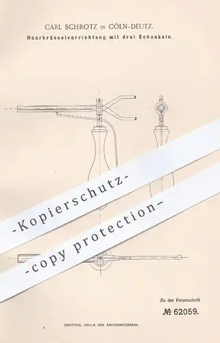 original Patent - Carl Schrotz , Köln / Deutz , 1891 , Haarkräusel - Stab | Lockenstab , Fön , Haare , Locken , Friseur