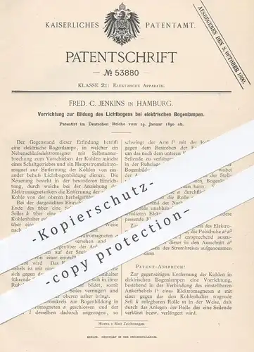 original Patent - Fred. C. Jenkins , Hamburg , 1890 , Bildung des Lichtbogens bei elektr. Bogenlampen | Lampen , Strom