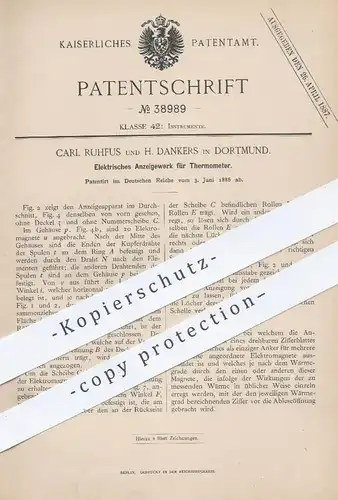 original Patent - Carl Ruhfus , H. Dankers in Dortmund , 1886 , Elektrisches Anzeigewerk für Thermometer | Elektromagnet