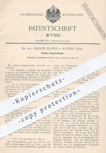 original Patent - Dr. med. Adolph Klaws , Hamburg Altona / Elbe , 1894 , Schurz - Suspensorium | Bruchband , Unterhose !