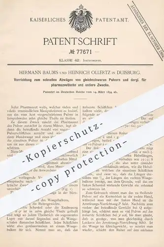 original Patent - Hermann Baums , Heinrich Ollertz , Duisburg , 1894 , Abwägen von Pulver | Pharmazie , Apotheker , Arzt