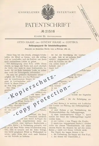 original Patent - Otto u. Gustav Haase , Cottbus , 1882 , Rettungsapparat für Scheintodbegrabene | Bestatter , Grab !!