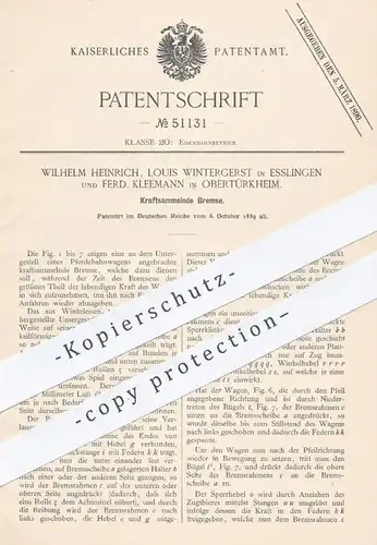 original Patent - W. Heinrich , Louis Wintergerst , Esslingen / F. Kleemann , Obertürkheim , 1889 , Bremse für Eisenbahn