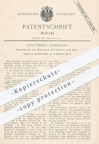 original Patent - Otto Wehle in Düsseldorf , 1888 , Kochherd zur Heizung mit Kohle und Gas | Herd , Kochen , Ofen , Öfen