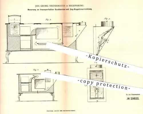 original Patent - Joh. Georg Niedermayer , Regensburg , 1884 , Kochherd mit Zug-Regulierung | Herd , Ofen , Kochofen !!!