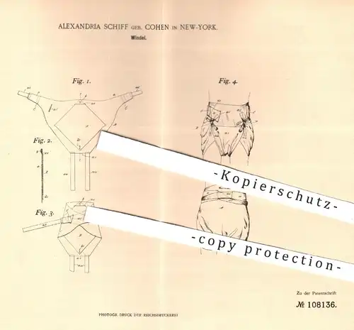 original Patent - Alexandria Schiff geb. Cohen , New York , USA , 1899 , Windel , Windeln | Bekleidung , Gesundheit !!