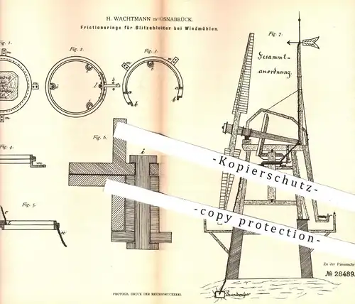 original Patent - H. Wachtmann , Osnabrück , 1883 , Friktionsringe für Blitzableiter bei Windmühlen | Windmühle , Mühlen