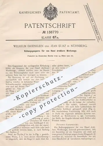 original Patent - Wilhelm Driesslein / Jean Kurz , Nürnberg , 1902 , Reibungssperre für Werkzeuge | Werkzeug , Schlosser