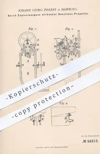 original Patent - Johann Georg Pinkert , Hamburg , 1895 , Durch Explosionsgase wirkender Reaktions- Propeller | Schiff !