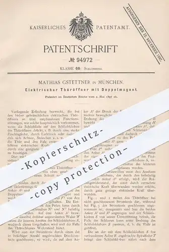 original Patent - Mathias Gstettner , München , 1897 , Elektrischer Türöffner mit Doppelmagnet | Öffner für Türen | Tür