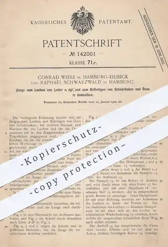 original Patent - Conrad Wiese & Raphael Schwarzwald , Hamburg / Eilbeck , 1902 , Zange zum Lochen von Leder | Lochzange