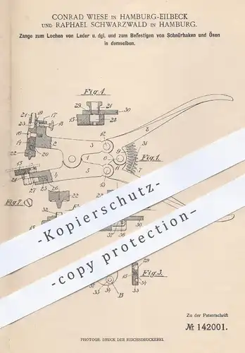 original Patent - Conrad Wiese & Raphael Schwarzwald , Hamburg / Eilbeck , 1902 , Zange zum Lochen von Leder | Lochzange