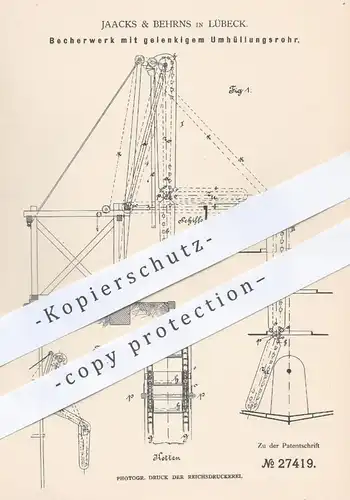 original Patent - Jaacks & Behrns , Lübeck 1883 , Becherwerk mit Umhüllungsrohr | Hebezeuge , Seilzug , Aufzug , Aufzüge