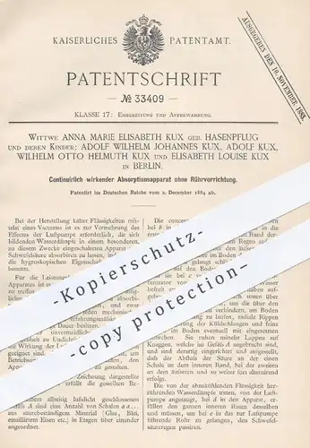 original Patent - Anna M. E. Kux geb. Hasenpflug u. Kinder , Berlin , 1884 , Apparat zur Absorption | Eis , Vakuum !!!