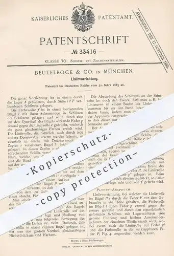 original Patent - Beutelrock & Co. , München , 1885 , Liniervorrichtung | Lininieren , Papier , Zeichnen , Bauzeichner !