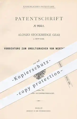 original Patent - Alonzo Stockbridge Gear , New York USA , 1879 , Ungültigmachen von Wertzeichen | Briefmarken , Stempel