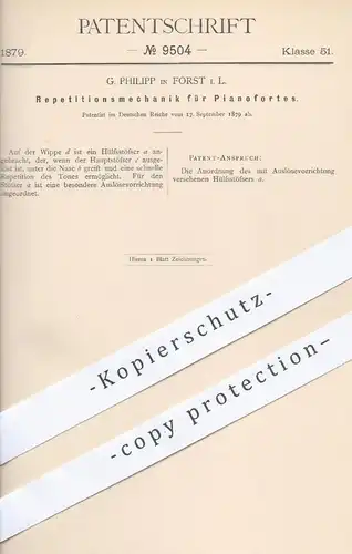 original Patent - G. Philipp in Forst , 1879 , Repititionsmechanik für Pianofortes | Piano , Klavier , Musikinstrumente