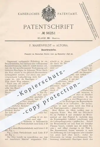 original Patent - F. Marienfeldt in Hamburg Altona , 1896 , Dauerbrandofen | Ofen , Öfen , Ofenbauer , Heizung !!!