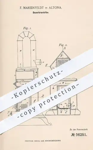 original Patent - F. Marienfeldt in Hamburg Altona , 1896 , Dauerbrandofen | Ofen , Öfen , Ofenbauer , Heizung !!!