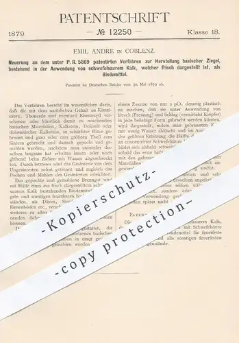 original Patent - Emil Andre , Koblenz , 1879 , Herstellung basischer Ziegel | Kalk , Eisenoxyd , Schwefelsäure , Chemie